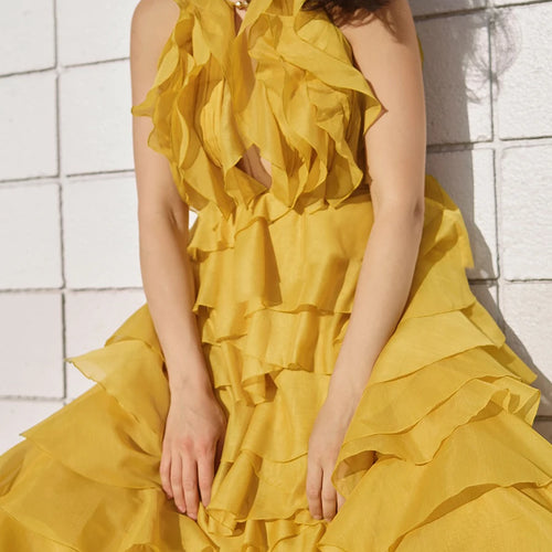Slimming Spliced Ruffles Folds Temperament Dresses for Women O Neck Sleeveless Patchwork Bead Long Dress Female New